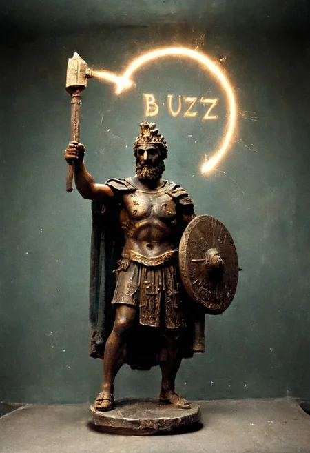 A bronze statue of a Greek Go, wearing heavy robes and holding a shield with lightning bolts, carved out of bronze, extending from his head. The word "BUZZ" is carved into the shield
buzz
