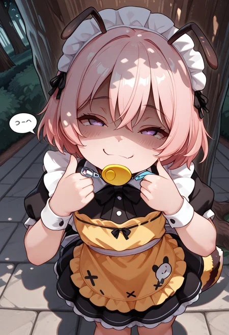 masterpiece, BEST QUALITY, solo, aged down,
short body, short hair, round face,
short limb,
looking up,
tilted head,
under tree,
shadows from tree canopy on her,
sunny day,
CivChan, purple eyes, pink hair, arranged maid outfit,
flat breasts, park, from above, shaded face, (smug:1.2), head tilt,
open eyes,
Bee girl mixture costume,
bee tail. bee wing,
yellow and black stripe apron
cpbt
folded elbow,
1 crime prevention buzzer holding below her chin,
pulling gesture,
biting tag of buzzer with her mouth,
unholy-aesthetic
BREAK
2.5D REALISTIC
ABSURDRES
AMAZING QUALITY
BALANCED HISTGRAM on subject
CONTRAPPOSTO
LOW-KEY HISTGRAM ON BG
NEWEST
PERSPECTIVE
SOLO FOCUS
ULTRA DETAILED EYES, EYE HIGHLIGHTS
ULTRA DETAILED FACE
VERY AESTHETIC
very awa
(red simple speech bubble beside her face:1.4)
asking buzz white letter as "need buzz?"