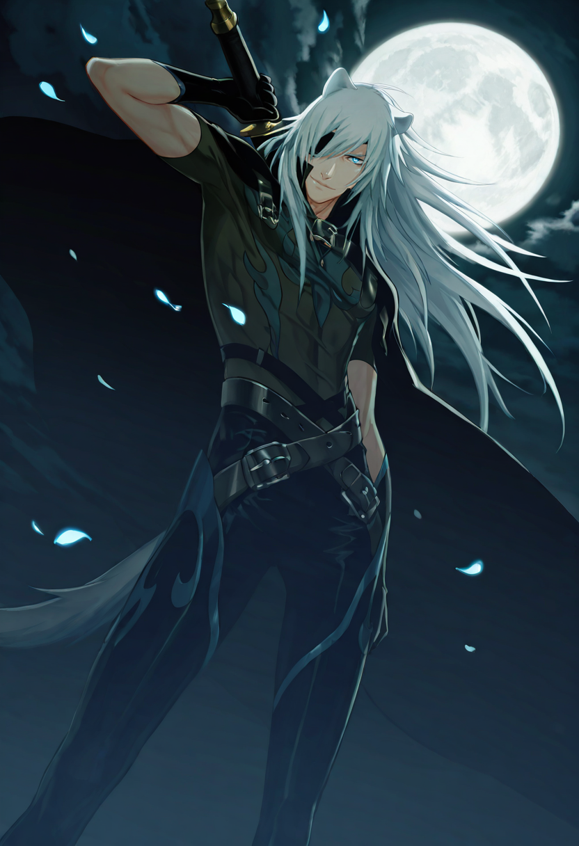 1boy, male focus,  masterpiece, best quality, very awa, absurdres, cinematic lighting, portrait, Rai_L, Rai_L_silver_long_hair, Rai_L_blue_eyes, Rai_L_wolf_ears, Rai_L_eye_patch, Rai_L_wolf_tail, Rai_L_cape, Rai_L_shirt, Rai_L_black_pants, Rai_L_gloves, Rai_L_belts, Rai_L_sword, _expressive ethereal face, eyes wide and shining, mouth curved in a soft hopeful smile_, chin slightly raised, hair cascading over cape, background: open field of silver flowers, swirling blue spirits, full moon glowing behind swirling storm clouds, glowing petals in the wind, close up:2.8, dynamic seductive pose, dynamic angle, slightly from side, low angle, masterpiece, best quality, amazing quality, ultra-detailed, very awa, dark theme, intrinsic background, high contrast, absurdres, cinematic lighting, realistic shading, intricate details, shiny skin, newest, 8k resolution, octane render, <lora:Lamento_Rai:0.8>