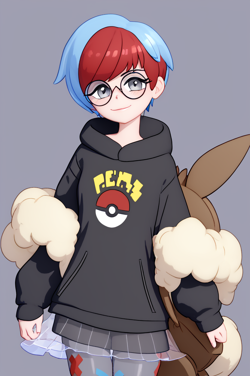 score_9, score_8_up, score_8, medium breasts, (curvy), cute, eyelashes,       ,,, , ,,, zzPenny, grey eyes, glasses, short hair, red hair, blue hair, multicolored hair, round eyewear, two-tone hair,  long sleeves, hood down, black hoodie, backpack, bag, brown bag, pantyhose,   see-through skirt,   <lora:Penny_Pokemon_PDXL:1.0>,  ,,,, BREAK, smile, closed mouth, looking at viewer, cowboy shot,  ,,, embedding:zPDXL, Expressiveh, ,,, <lora:MantisStyle_PDXL_v2:0.8>, <lora:SDXLFaeTastic2400:0.5>, <lora:Expressive_H-000001:0.4>,