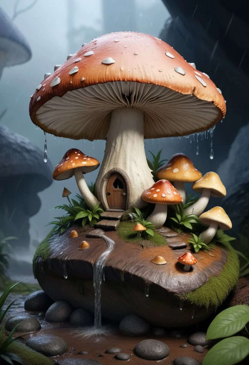(masterpiece), realistic lighting, score_9, score_8_up, score_7_up, realistic, intricate details,
rain falls heavy as a tiny snurf finds shelter under a mushroom,