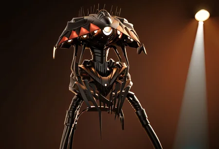 concept-tripod, cinematic, closeup, side view, side-view, spotlights