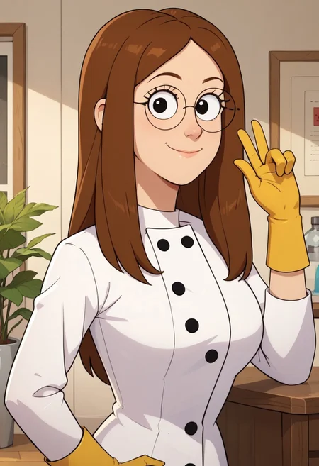 ((room background)),score_9, score_8_up, score_7_up,score_6_up,
1girl, solo, Pam_RS, light skin, black eyes, round glasses, long straight hair, light brown hair, white lab coat, yellow gloves, grey pants, tall black boots, big eyes, cute, tall stature, social smile, perfect eyes, perfect smile, looking at the viewer, detailed eyes, perfect eyes, standing, big breasts (front pose, bust shot, close up to face, face portrait:1) five fingers, perfect hands, hand on hip, hand up