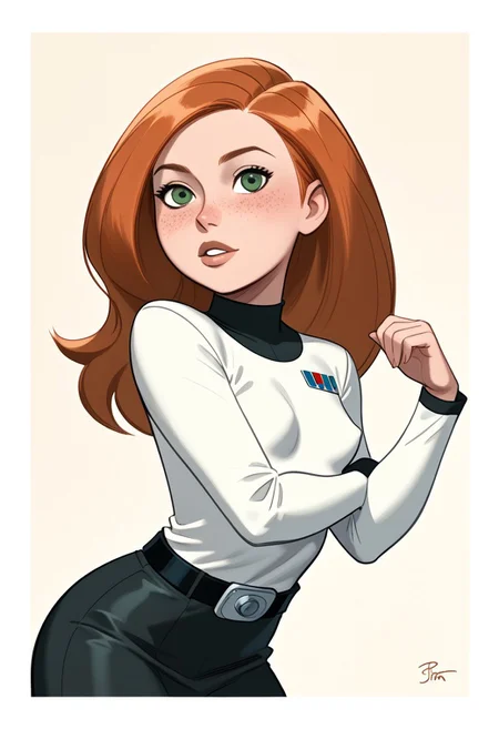 score_9, score_8_up, score_8_up, btimmsketch,
1girl, 18yo Kim Possible, cute perfect face, red hair, long hair, green eyes, freckles, big round eyes, small breasts, perfect round breasts, perky breasts, Imperial Uniform,
pin-up pose, halftone effect, white borders, abstract background:1.2