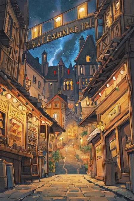 (Anime) Medieval Town Castle Street Night Volcano Smoke Firelight Solo Portrait Close-up Colorful bored scribe merchant male spectacles demon