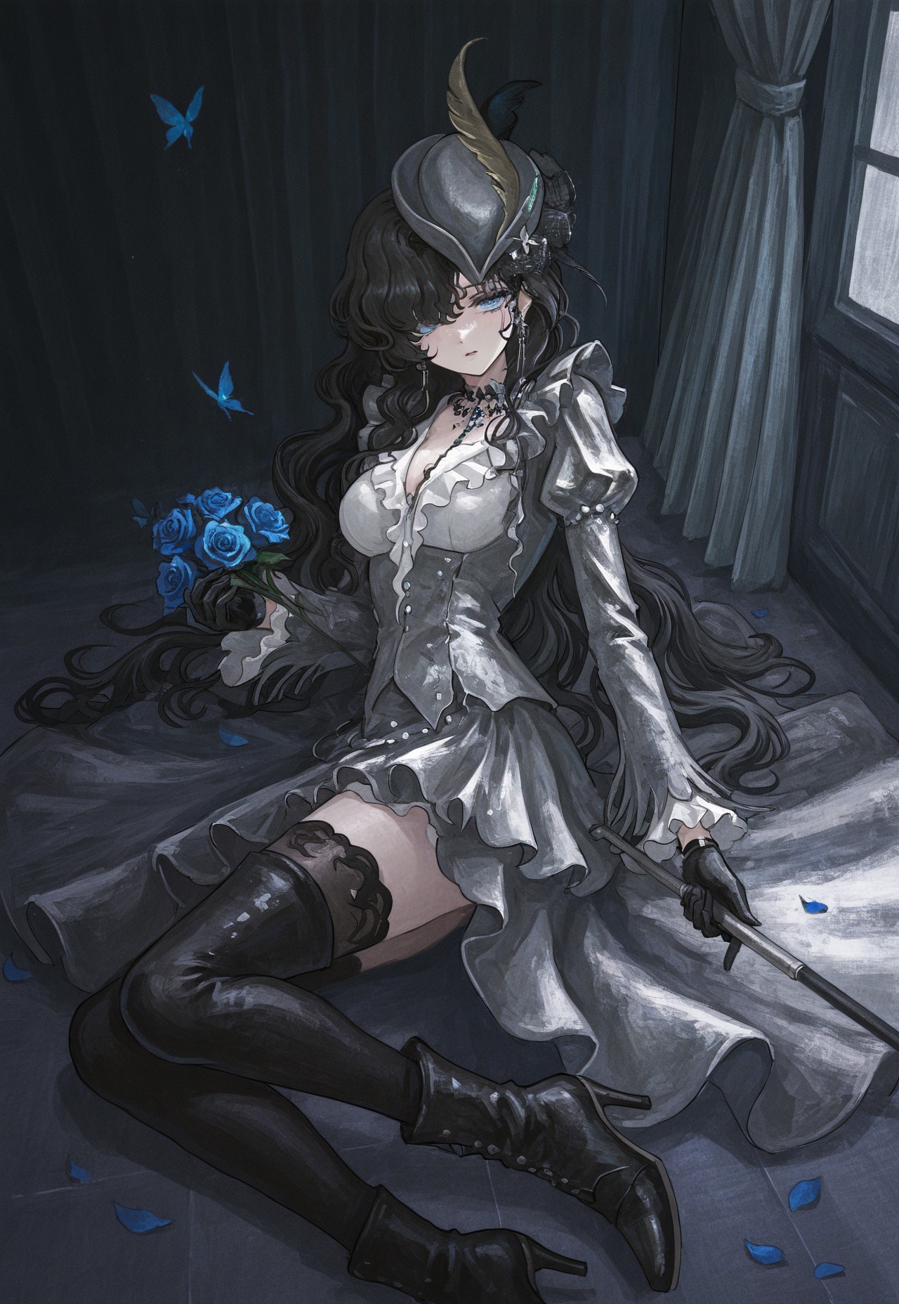 volumetric lighting, ambient occlusion, luminescent background, masterpiece, very awa,dynamic pose,fuyumur4s4ki_illu,female, solo,Detail enhancement,1girl,solo,cowboy shot,white shirt,gloves,cane,Isolde(AATJ),black thighhighs,light blue eyes,black hair,shirt,long sleeves,outdoors,jewelry,holding,long hair,hat feather,black gloves,weapon,frills,film grain,frilled dress,sitting,hair over one eye,bug,curtains,hair flower,looking at viewer,holding flower,blue flower,blue butterfly,indoors,petals,window,expressionless,reflective floor,parted lips,high heel boots,from side,ankle boots,earrings,butterflies, roses, from above, high angle, dynamic pose, on the floor, depressed, sad