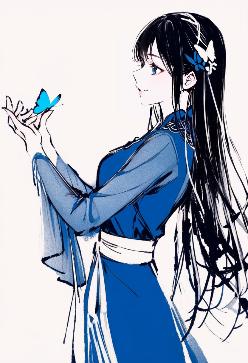 masterpiece, best quality,<lora:inkXL_ANI31_lokr_V43P1:0.95>monochrome,  1girl, solo, long hair, white background, dress, black hair, hair ornament, butterfly, smile, from side, bug, blue eyes, long sleeves, flower, simple background, blue dress, upper body, sash, holding