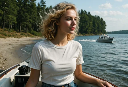 ((masterpiece, photorealistic, ultra-detailed)), a (stunning blonde woman with shoulder-length wavy hair) sits near the rear of a ((sleek, high-speed motorboat)), her (hair whipping wildly in the wind). She's wearing a (tight navy and white striped t-shirt) and (high-waisted denim jeans) that cling to her as the boat ((rockets across the water)). ((Powerful motion blur)) shows the (lake’s foamy wake trailing fast behind), while the (trees on the shore streak past in the background). Her expression is calm yet exhilarated, ((wind streaming across her face)), sunlight glinting off the water around her. ((Camera slightly low, capturing motion lines, wind in her shirt fabric, vibrant sky reflections)), ((water spray in the air)), ((dynamic energy, cinematic summer thrill)).