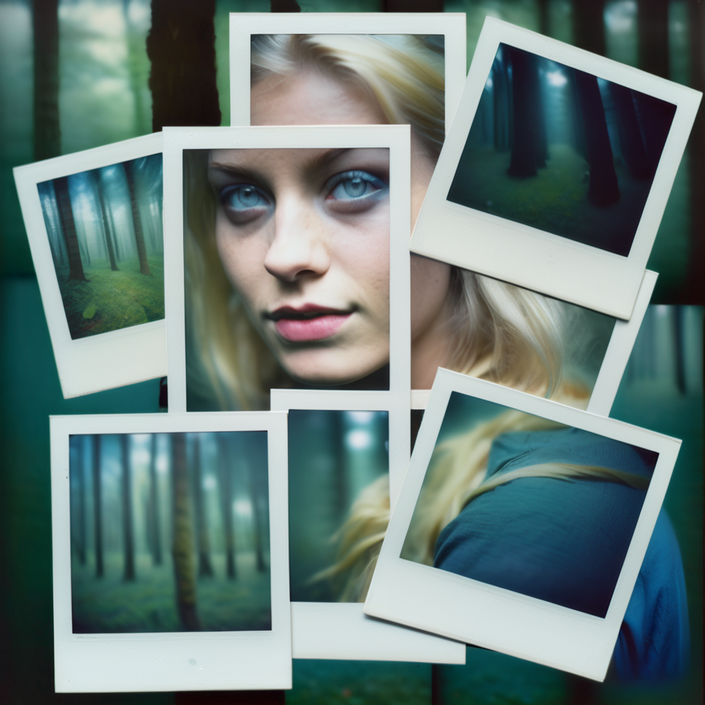 poluzzle close-up  a beautiful blonde with blue eyes, expressive eyes, in the forest, polaroid photos  on the table, cinematic, dark atmosphere <lora:poluzzle:1>