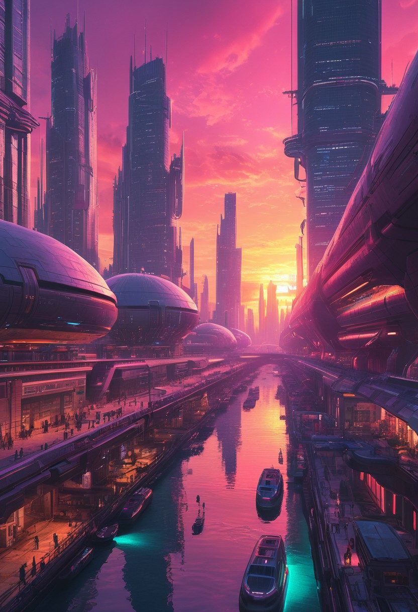 a canal running through a futuristic sci-fi cityscape, towers and skyscrapers, domes, people, sunset, surreal neon-hued sky