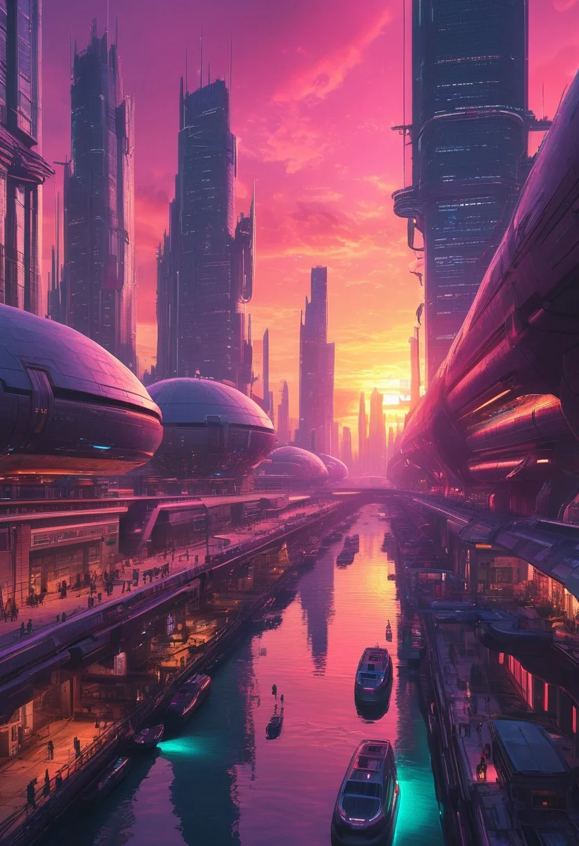 a canal running through a futuristic sci-fi cityscape, towers and skyscrapers, domes, people, sunset, surreal neon-hued sky