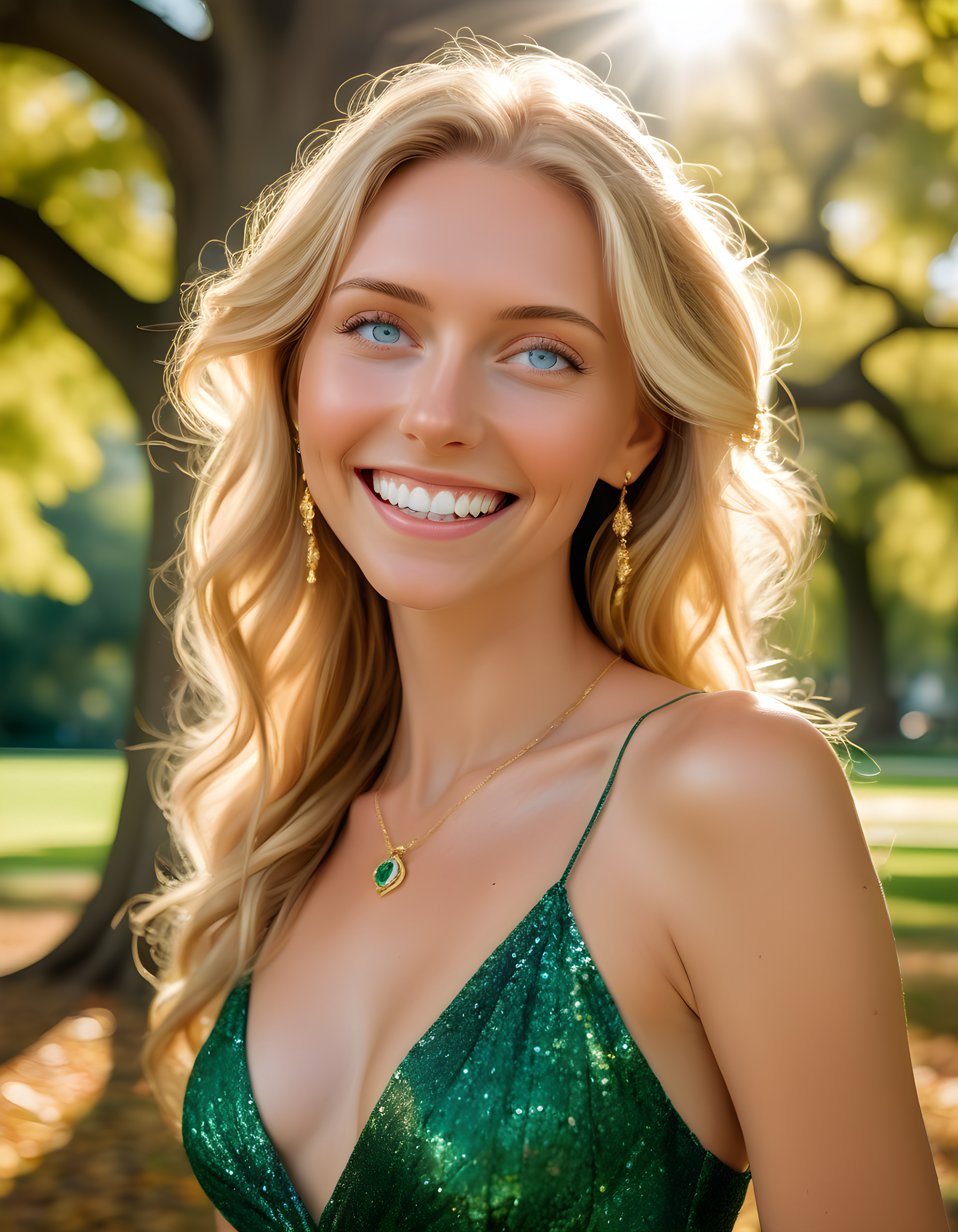 Under a crisp, mid-morning sun that filters through dappled leaves of an ancient oak tree, Kemkin, a radiant woman with cascading golden locks and a captivating smile, is elegantly posed against the lush greenery. She wears a shimmering, emerald green dress that accentuates her grace, accessorized with delicate gold jewelry that sparkles in the sunlight. Her piercing blue eyes catch the viewer's gaze as she confidently flashes a dazzling set of white teeth, her posture exuding an air of poise and contentment. The background subtly fades into the vibrant hues of the surrounding park, providing a stunning backdrop for this captivating portrait.