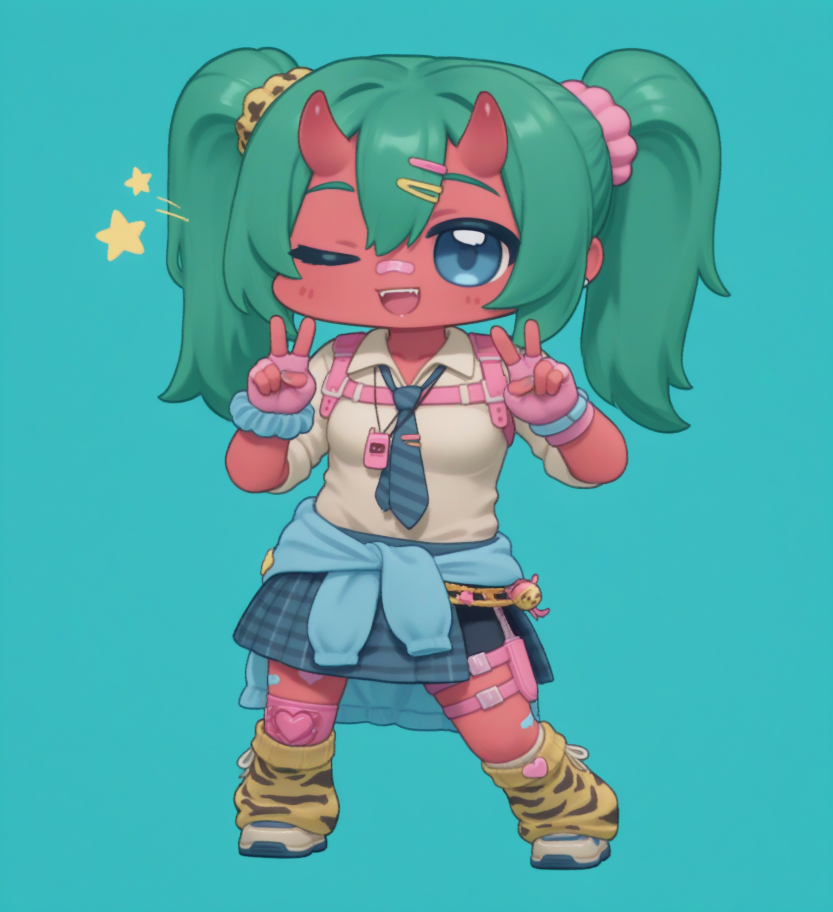 (chibi:1.5), (full body, wink, double v, dance, sparkling:1.4), (simple background, solid background:1.4), fortnite_nemia, 1girl, solo, green hair, twintails, ponytail, long hair, bangs, hair between eyes, hair over one eye, ears, horns, oni horns, single horn, red skin, pink skin, blue eyes, parted lips, bandaid, bandaid on nose, bandaid on thighs, breasts, shirt, school uniform, necktie, plaid skirt, thighhighs, socks, loose socks, boots, jewelry, earrings, bracelet, charm, belt, gloves, fingerless gloves, knee pads, leg warmers, collarbone, solo, colored skin, hair ornament, hairclip, scrunchie, holster, striped necktie, clothes around waist, oni, plaid, charm (object), blue necktie, sweater around waist, animal print, heart, shoes, star (symbol), thigh holster, open mouth, smile, teeth, fangs, <lora:Fortnite_Nemia_Demonically_Cute_Set_ILXL_E29_16_DIM:1>,  <lora:Miratsu169_Style_il_v1.0:1.1>