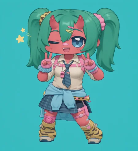 (chibi:1.5), (full body, wink, double v, dance, sparkling:1.4), (simple background, solid background:1.4), fortnite_nemia, 1girl, solo, green hair, twintails, ponytail, long hair, bangs, hair between eyes, hair over one eye, ears, horns, oni horns, single horn, red skin, pink skin, blue eyes, parted lips, bandaid, bandaid on nose, bandaid on thighs, breasts, shirt, school uniform, necktie, plaid skirt, thighhighs, socks, loose socks, boots, jewelry, earrings, bracelet, charm, belt, gloves, fingerless gloves, knee pads, leg warmers, collarbone, solo, colored skin, hair ornament, hairclip, scrunchie, holster, striped necktie, clothes around waist, oni, plaid, charm (object), blue necktie, sweater around waist, animal print, heart, shoes, star (symbol), thigh holster, open mouth, smile, teeth, fangs, <lora:Fortnite_Nemia_Demonically_Cute_Set_ILXL_E29_16_DIM:1>, <lora:Miratsu169_Style_il_v1.0:1.1>