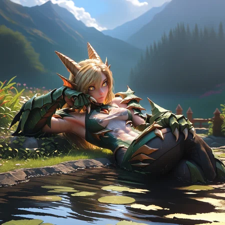 safe_pos, ((Score_9, score_8_up, score_7_up), masterpiece, perfect face, expressive eyes,(dragon girl),(full animal arms),(muscular arms:1.2),(monster arms:1.3),(big claws),(slit pupils),relaxed expression,relief,(looking away),lying in a pond, blonde hair, yellow eyes,(long tail),(slender figure),(tight clothes:1.1),forest and mountains scenery,pond,(close-up),relaxing,(soaking wet,wet clothes,wet skin,dripping water),bathing in a pond,hot water,steam,(shining eyes)