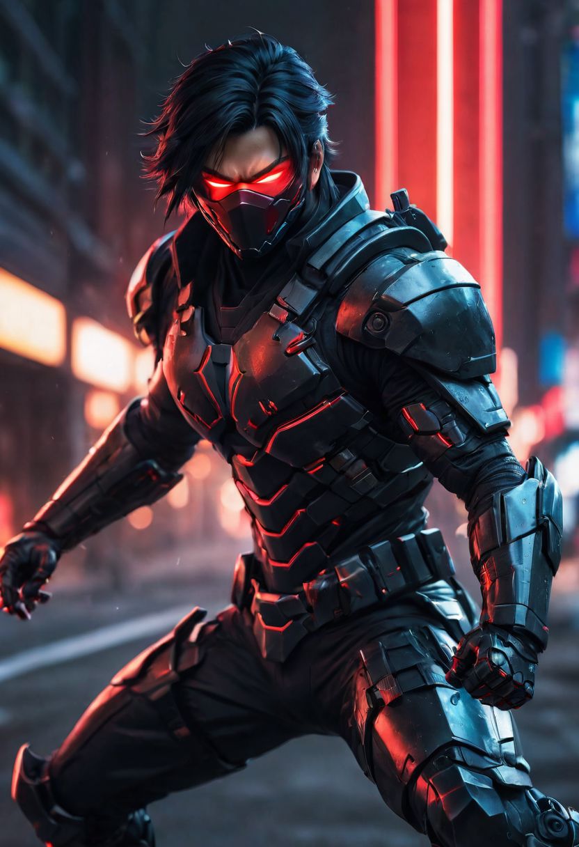japanese man, black hair, glowing red eyes, blurry, cyber ninja, cyberpunk district, lips, nose, realistic, science fiction, solo, full body, fighting pose, action pose, minimal armor, red light armor, mean human shape, bokeh blur, Cinematographic lighting