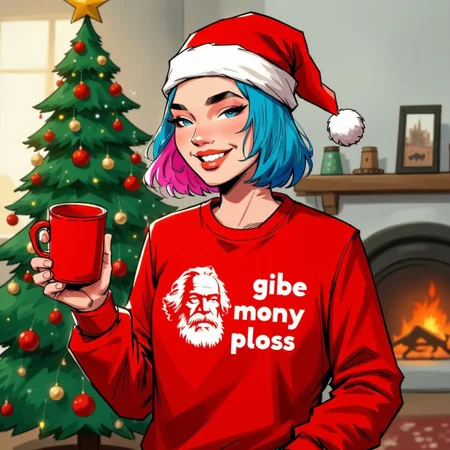 The illustration shows a young woman standing in front of a Christmas tree. She is wearing a red sweatshirt with the words "gibe mony ploss" written in white soviet font and a white stencil portrait of Karl Marx on the front. She has blue and pink hair and is holding a red mug. The woman is also wearing a red santa hat and is smiling. The Christmas tree is decorated with red and gold ornaments and lights. The background is blurred, but it appears to be a living room with a white wall and a fireplace. the lighting is cinematic.