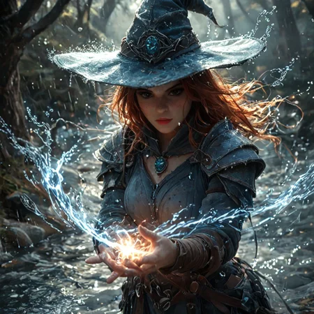 score_9, score_8_up, score_7_up, 1girl, 19 year old, casting magic spell, (duel, witches hat, witch steel armour, water spell, magic spell casting, action shot), ((witches hat)), (fire sword:0.9), fighting off-screen enemy, forest, spooky, haunted, water element, autumn, masterpiece, outdoor, curvy body, cute, red hair, determined expression, rain, windswept hair, (head and shoulder photography:1.1), portrait photography:0.8), pretty girl, grainy, (cold icy weather, dramatic lighting, dark theme, night time, backlit, <lora:RealisticSkinv1_ponyv6_loraplus:1.15:start=15>real skin, freckles, mole, dirty skin, looking at camera