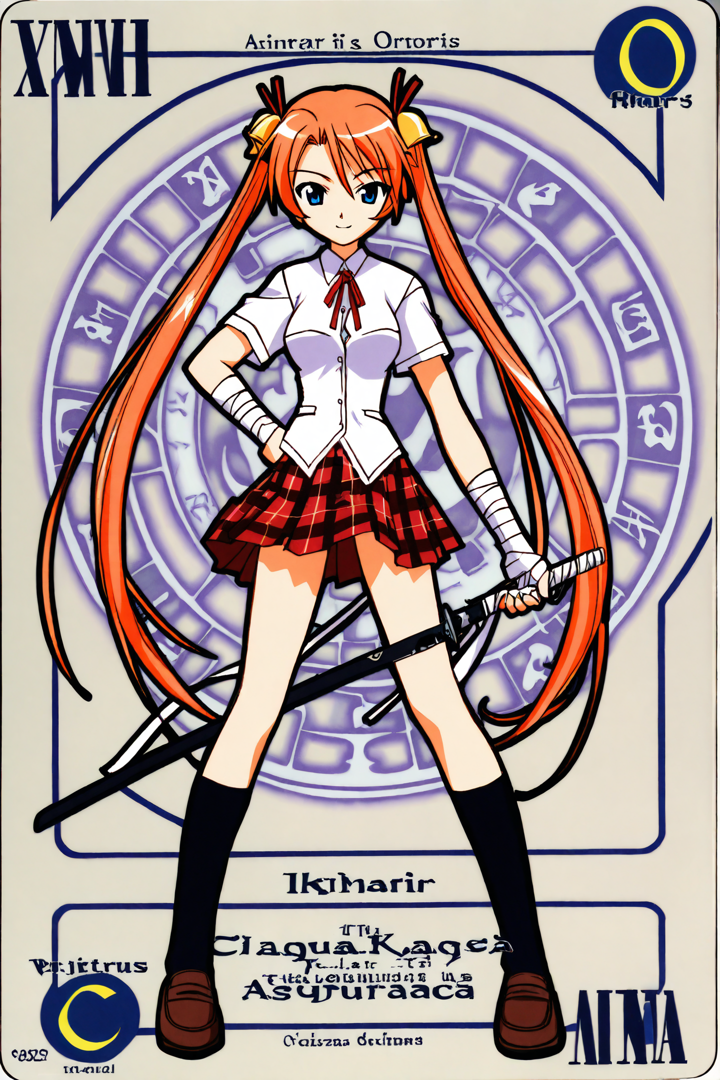 Asuna Kagurazaka,1girl,solo,bell,hair bell,bandages,plaid skirt,orange hair,twintails,sword,weapon,long hair,hair ornament,skirt,plaid,socks,very long hair,blue eyes,school uniform,black socks,standing,looking at viewer,card \(medium\),
<lora:Akamatsu Ken_XL:0.8>,