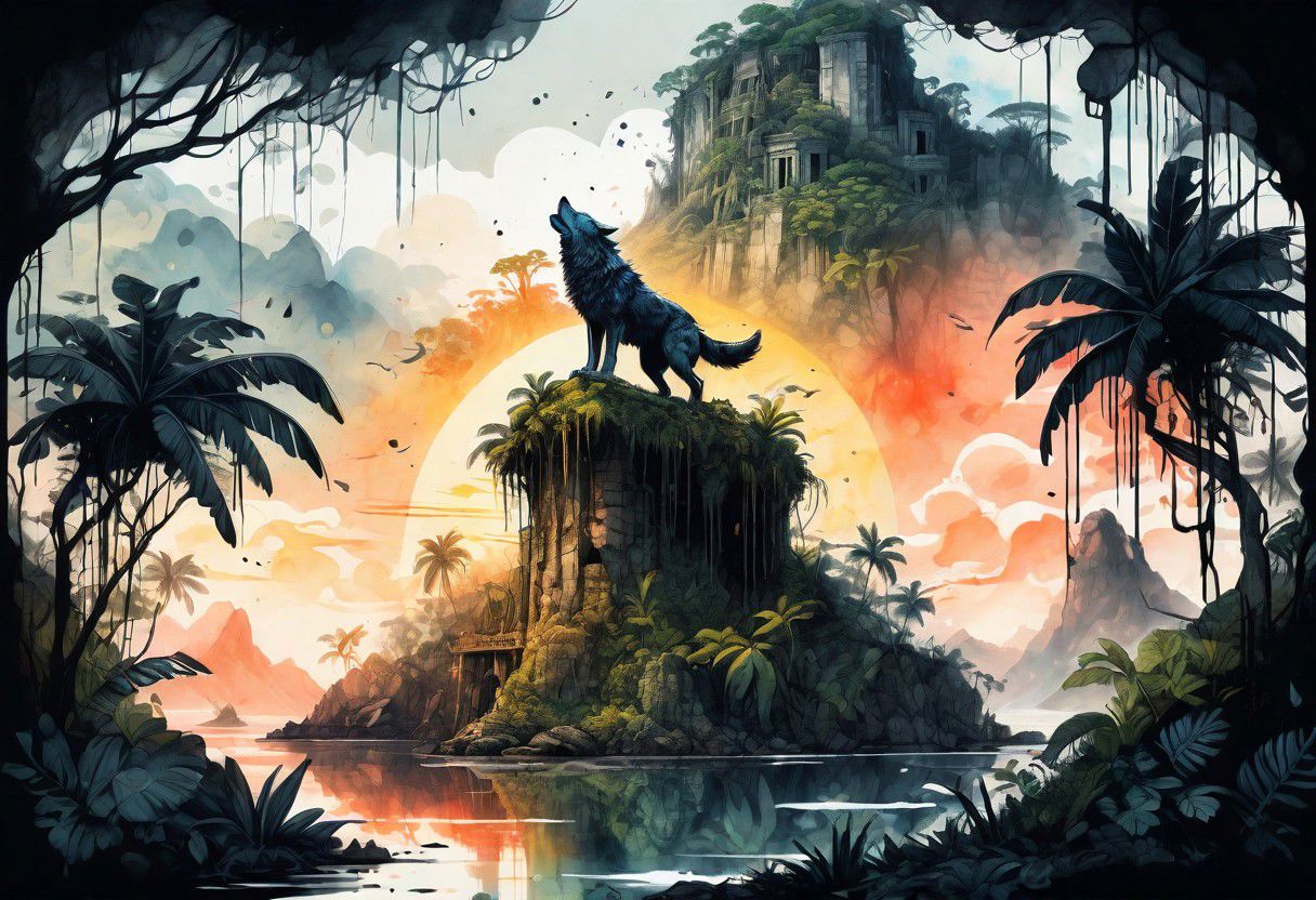 ink illustration, (masterpiece:1.2) detailed,  bright natural lighting, shadows, high contrast, a tropical island with jungle and ancient ruins, spirit wolf perched on top, mountain, majestic, in the caribbean, sunrise, trees, vines, overgrown, ink stains, ink splatters, ink runs, ink spots, faded ink, linquivera