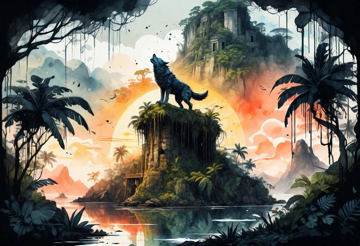 ink illustration, (masterpiece:1.2) detailed, bright natural lighting, shadows, high contrast, a tropical island with jungle and ancient ruins, spirit wolf perched on top, mountain, majestic, in the caribbean, sunrise, trees, vines, overgrown, ink stains, ink splatters, ink runs, ink spots, faded ink, linquivera