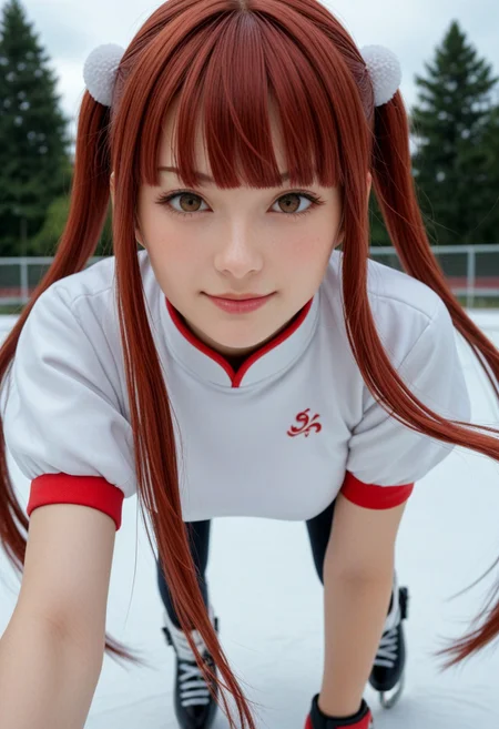 score_9, score_8_up, score_7_up, score_6_up,
1girl, 25 years old, perfect face, (adult), sexy, close view, portrait, face focus, depth of field, looking at viewer,
brown eyes,
red hair, very long hair, twintails, sidelocks, blunt bangs, floating hair,
pom pom (clothes), black red kung fu dress, puffy short sleeves,
blush, shy smile,
figure skating, ice skating, skating rink, ice skates, dynamic angle, dynamic pose,
winter,