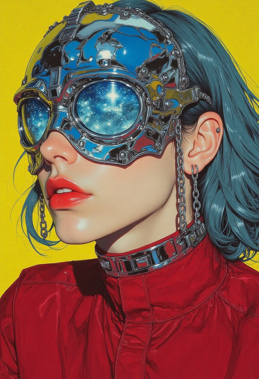 pingtu style, illustration-fen, niji, gothic, erotic, anime, masterpiece, best quality, aesthetic\_pose, dramatic\_lightning, mythp0rt, anime cyberpunk,
1boy, close-up, shoulder-length wavy blue hair, warm tanned complexion,
surreal chrome skull mask, shimmering surface with sparkling lights, futuristic mysterious vibe,
delicate chrome chains dangling from ears, reflective highlights, subtle movement,
thick metallic collar hugging neck, sleek avant-garde aesthetic,
deep red velvet shirt, soft texture contrasting with glossy accessories,
bright yellow background, enriches attire vividness, amplifies chrome sheen,
dramatic lighting, accentuates shine of chains, collar, mask, delicate reflections, intense enchanting atmosphere