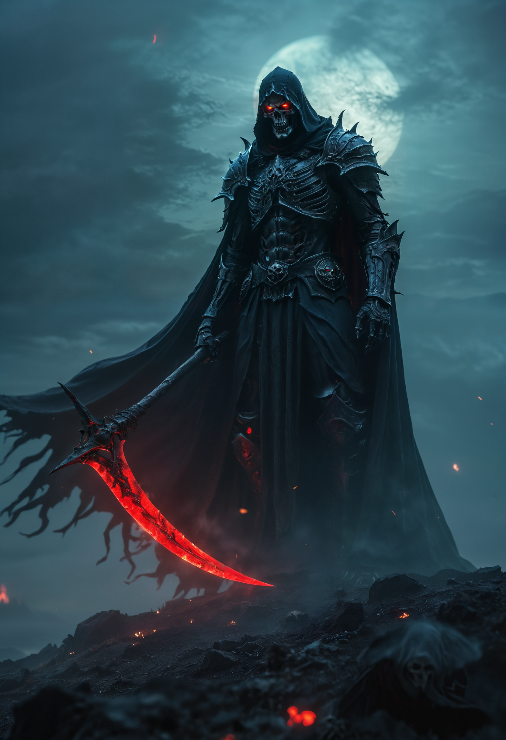cinematic action photograph of a towering death knight in a dark skeleton ghost armor, a wide cloak floating in the wind, wearing a wide hood, ghostly glowing eyes, standing tall on a battle scourged hill at night, wielding a massive scythe with an ominous bright red glowing, low angle from below side view
<lora:add-detail-xl:0.5> <lora:xl_more_art-full_v1:0.5>