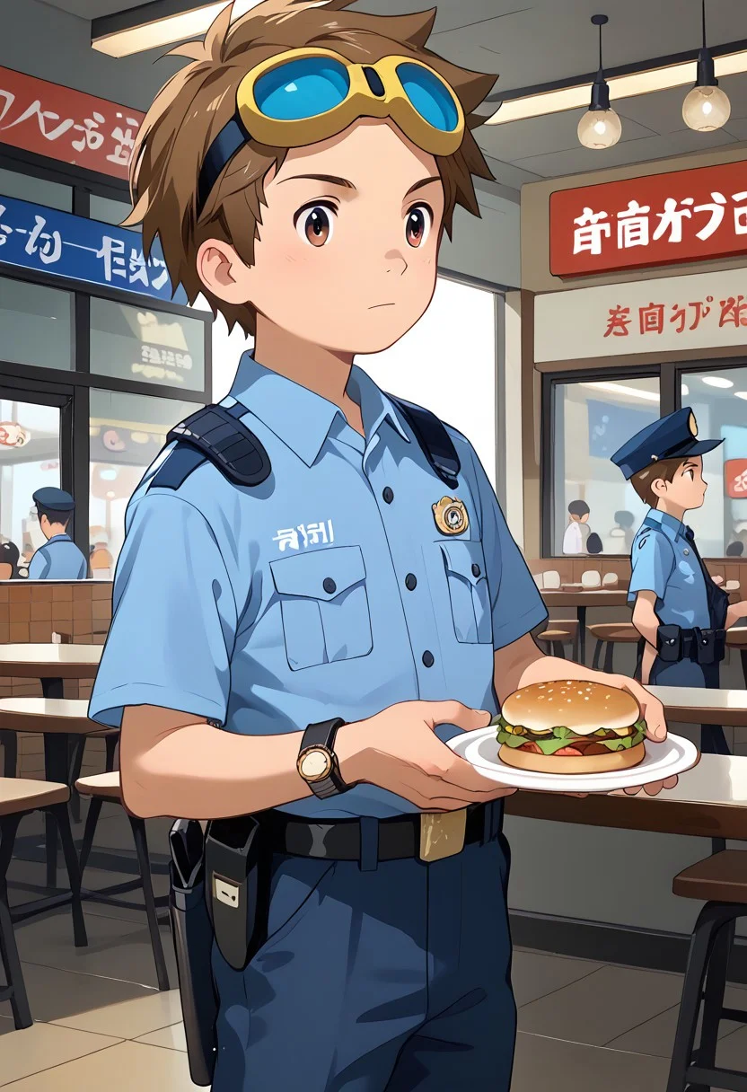 score_9, score_8_up, score_7_up, zPDXL2, 
,
1boy, solo, goggles on head, brown hair, male Japanese Summer Police Uniform,light-blue collared shirt, rank slides,hip holster,
Fast Food Restaurant