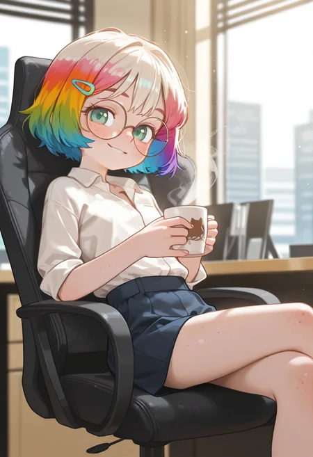 Flat colors, high detailed, high quality, masterpiece, best quality, very awa, absurdres, detailed eyes, detailed face, detailed skin, cinematic light, dynamic shot, BREAK (colorful:1.3), (cute character:1.5), Mycelia, rainbow colored hair, candy hairclip, round glasses, green eyes, freckles, petite, business suit, seated leaning back in gamer chair, holding cup of coffee, sly smile, professional office, short shirt, legs crossed seductively, thigh, imperious