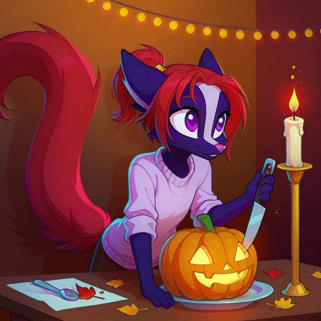 Dreamkeepers,Indi_and_Digo,1girl,solo,furry,tail,source_furry,,red hair,purple fur, purple eyes,
child, kid, 
mini_pumpkin, carving_knife, spoon, seeds, table, sweater, candle, autumn_leaves, tray, napkin, cinnamon
Scene: A crisp autumn afternoon at a wooden table, someone carving a palm-sized pumpkin with a small knife, scooping out seeds with a spoon. A cozy sweater sleeves are rolled up, a tray collects the mess, and a napkin wipes sticky hands. Fallen leaves are tucked around as decoration, a candle flickers inside the finished pumpkin, and a dusting of cinnamon adds a warm, cute touch to the seasonal vibe