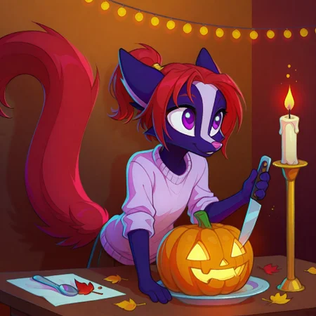 Dreamkeepers,Indi_and_Digo,1girl,solo,furry,tail,source_furry,,red hair,purple fur, purple eyes,
child, kid,
mini_pumpkin, carving_knife, spoon, seeds, table, sweater, candle, autumn_leaves, tray, napkin, cinnamon
Scene: A crisp autumn afternoon at a wooden table, someone carving a palm-sized pumpkin with a small knife, scooping out seeds with a spoon. A cozy sweater sleeves are rolled up, a tray collects the mess, and a napkin wipes sticky hands. Fallen leaves are tucked around as decoration, a candle flickers inside the finished pumpkin, and a dusting of cinnamon adds a warm, cute touch to the seasonal vibe