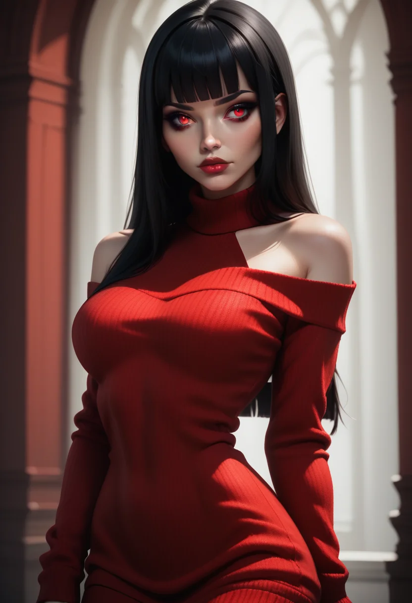 score_9, score_8_up, score_7_up, 1girl, solo, sexy sweater dress, red dress, long sleeves, bare shoulders, <lora:Dark_Ruby_Pony_v0.1:0.5> d4rk_ruby, black hair, blunt bangs, red eyes,
