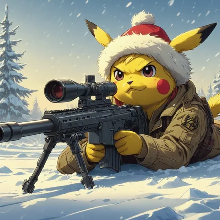 cartoon illustration of Pikachu laying down in snow holding Sniper Rifle, Soviet Army uniform,fur Soviet hat, <lora:XL_Weapon_Sniper_Rifle_-_By_HailoKnight:0.7>,
