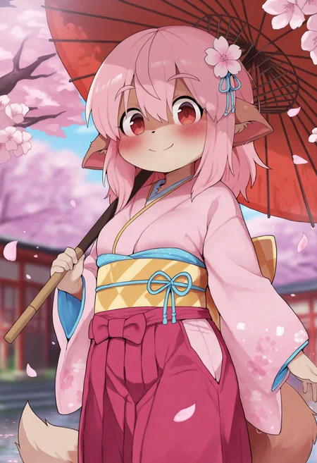 1girl,furry female,momo-chan,small breasts,red eyes,body fur,brown fur,two-tone fur,medium hair,pink hair,fox girl,fox ears,ears down,fox tail,animal nose,
(dagasistyle:0.9),(rememx:0.8),solo,blurry background,outdoors,cherry blossoms,falling petals,
standing,holding umbrella,oil-paper umbrella,umbrella over shoulder,
looking at viewer,smile,closed mouth,
(hakama skirt:1.1),japanese clothes,(pink kimono:1.1),wide sleeves,hair flower,obi,
masterpiece,best quality,highres,absurdres,newest,very awa,uncensored,