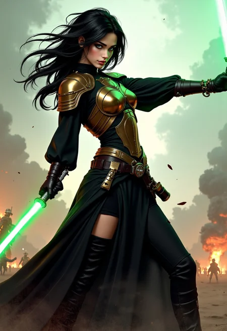 Illustration combining oil-canvas and semi-realistic comic-book style image with a Star Wars theme, star wars style, mythp0rt, Pale skin tone, dynamic, woman. The main subject of the image is a beautiful French woman in her 30s. She is a Goth GIrl with very pale skin, with messy black hair, blue eyes, high cheekbones, and full rosy lips. She has one beauty mark mole beside her mouth. She has smokey eyeshadow. She is wearing a sci-fi bronze raiment of armor including a breastplate. She is wearing long black robes, leather boots, bracers, belt, featuring a long skirt. She is attacking with a green lightsaber in a glamorous pose, stretching in such a way that it demonstrates sensual physicality, at unique angles. She is standing on a dramatic battlefield, occluded with smoke and dust. Sharp Focus, Volumetric Lighting, Realistic Shading, Octane Render, Realistic, professional, 4k, highly detailed,, portrait photography, capturing emotion, personality, flattering lighting, professional, engaging, compelling composition.