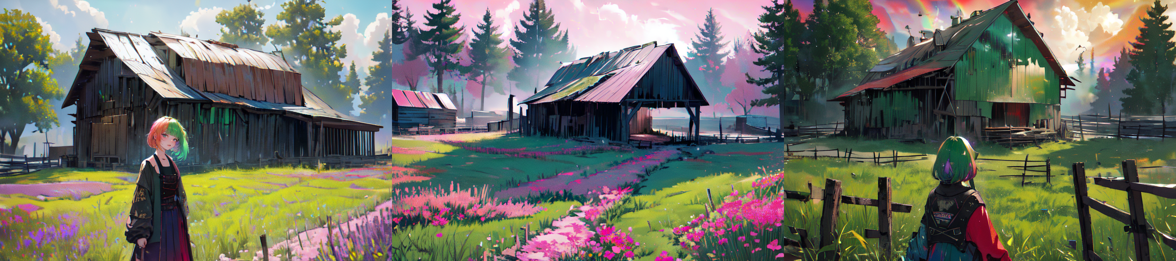 (otherworldly), highly insanely detailed, masterpiece, top quality, best quality, highres, 4k, 8k, RAW photo, (very aesthetic, beautiful and aesthetic), farm, fields, barn, fence, fantfa, <lora:FantasyFarm-10:0.8>, 
1girl, 
(__lazy-wildcards/char/haircolor__), 
(__lazy-wildcards/dataset/background-color__),âââ