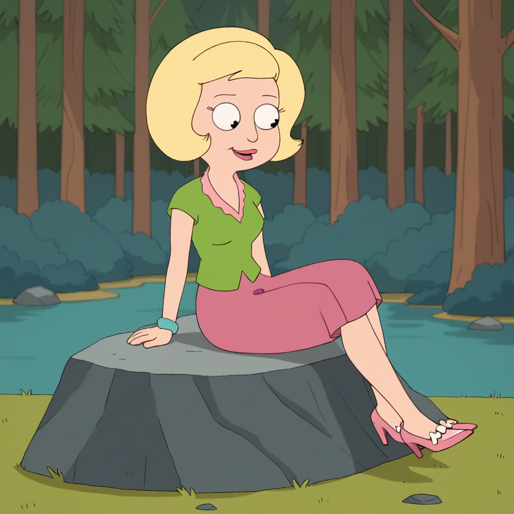score_9_up, score_8_up, score_7_up, BREAK, JudyPanawitz, 1girl, solo, blonde hair, short hair, black eyes, shirt, short sleeves, skirt, pink high heels, sitting on rock, forest,   <lora:JudyPanawitz_AmericanDad_PXL_Leaf1:1>