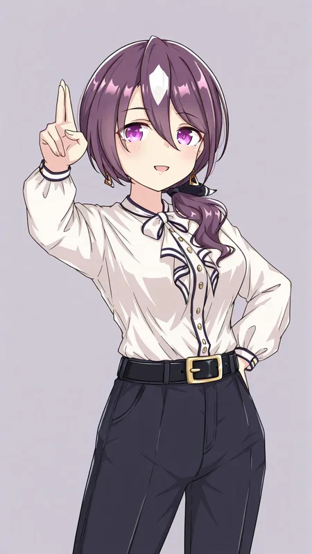 1girl,tsurugi ryoka \(umamusume\),long hair,purple eyes,bangs,hair between eyes,purple hair,low ponytail,earrings,jewelry,pants,belt,white shirt,long sleeves,shirt,<lora:tsurugi_ryoka:0.8>,simple background,cowboy shot,pose,