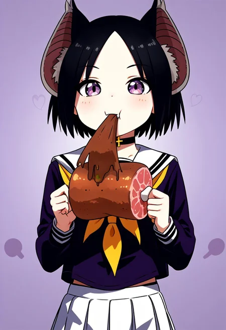 score_9, score_8_up, score_7_up, score_6_up, score_5_up, score_4_up,, 1girl, solo, original anime, Chii Suimori, bat girl, short hair, black hair, bat ears, fluff on ears, bald forehead, flat chest(purple eyes: 1.1),
skirt, school uniform, pleated skirt, serafuku, white skirt, shirt, purple shirt, sailor collar, white sailor collar, long sleeves, handkerchief, yellow handkerchief, long pantyhose, black pantyhose, choker with cross
<lora:boned-meat-ponyxl-lora-nochekaiser:1>, boned meat, holding, food, eating, holding food,, ,