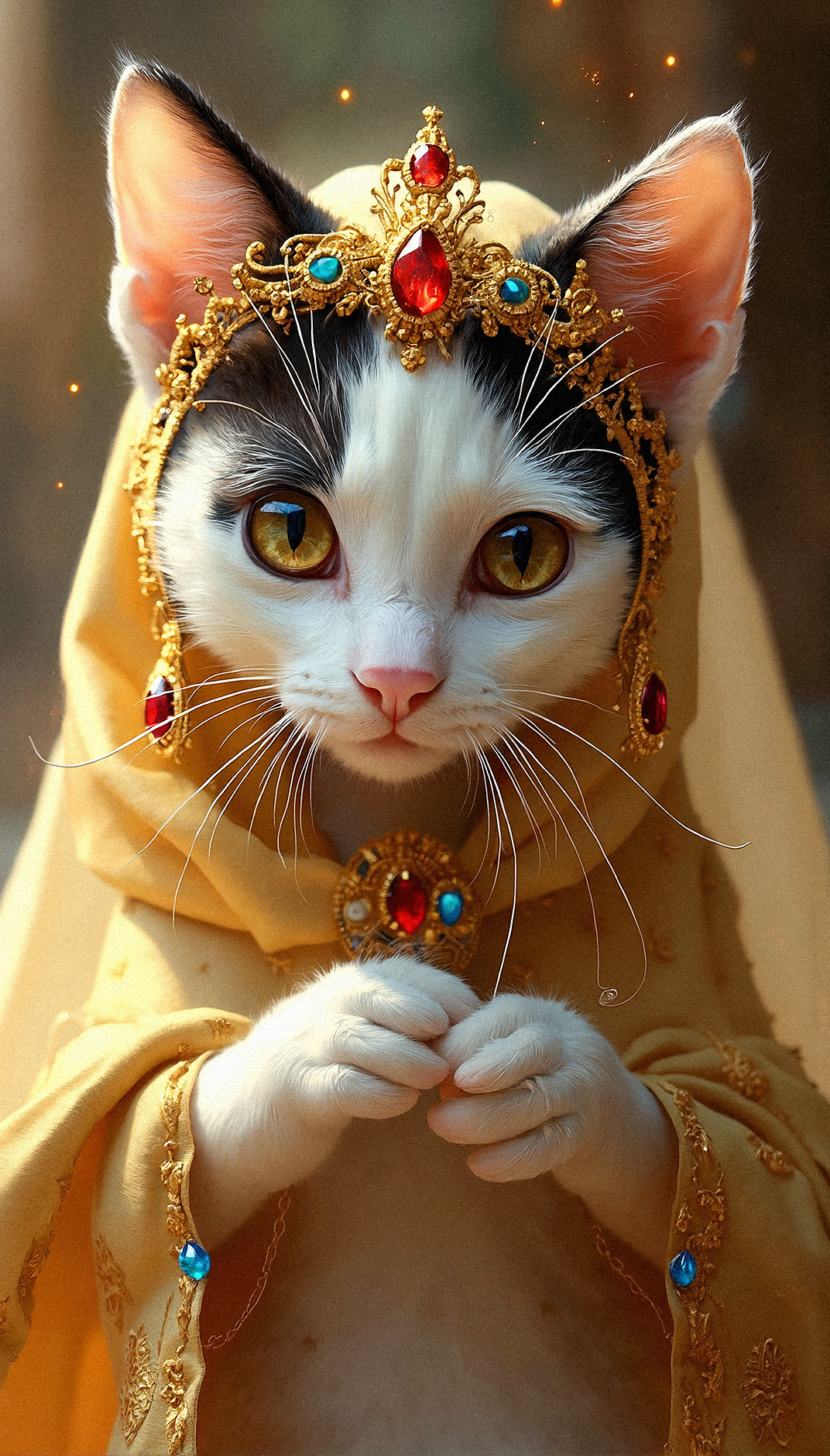 an incredibly realistic scene of a white kitten wearing a majestic golden veil, rendered with high attention to detail. The cat’s eyes, large and amber, should be given a reflective quality that captures the viewer’s gaze. The golden veil should be richly detailed with intricate patterns, cascading elegantly over the cat’s head and shoulders, with delicate folds that suggest a soft, luxurious fabric. The veil should be adorned with a diadem featuring a prominent red gemstone, surrounded by golden filigree, which sits on the cat’s forehead like a crown. Alongside the veil, include dangling gold earrings with colorful blue and red gemstones, adding to the feline’s regal aura. The texture of the fur should be lifelike, with individual strands visible, particularly the white fur that frames the cat’s face and contrasts with the black fur on its head and back. Use a warm, soft background in shades of beige and gold, with subtle light reflections that complement the golden tones of the attire. The lighting should be soft and ambient, accentuating the sparkle of the gemstones and the gentle sheen of the fabric. Focus on capturing the exquisite details of the jewelry and the cat’s expression, which should convey both serenity and nobility, making the viewer feel as though they are in the presence of a royal, mythical creature. Add small, magical light particles around the gemstones to give them a faint, enchanted glow, enhancing the fantastical elements while maintaining photorealistic textures and lighting.Leaning forward with its paw clasped together, looking directly into the camera with an intense gaze.





