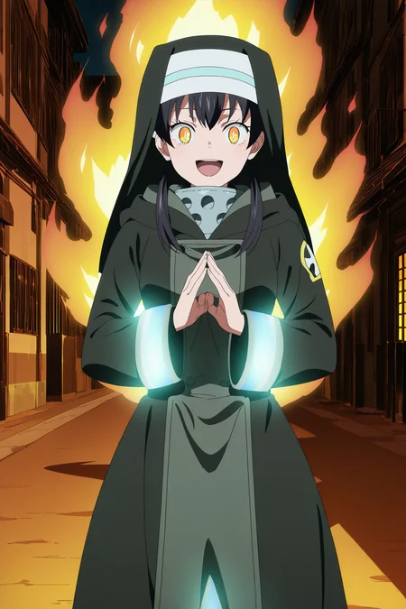 anime screencap, anime coloring, detailed face, masterpiece, best quality, very aesthetic, absurdres, official style, amazing quality, ultra detailed,  highres, amazing quality, scenery, beautiful detailed hair, beautiful detailed eyes,
<lora:StS-Illustrious-Detail-Slider-v1.0:4.5>
outside, building on fire in the background, girl in the foreground,
 <lora:Tamaki_Kotatsu_Fire_Force:1>Tamaki fire force uniform, Tamaki Kotatsu (character), 1girl, solo, habit, smile, nun, glowing, looking at viewer, black hair, long sleeves, own hands together, dress, shadow, brown eyes, :D, robe, large white sclera, orange eyes, yellow eyes, cowboy shot
