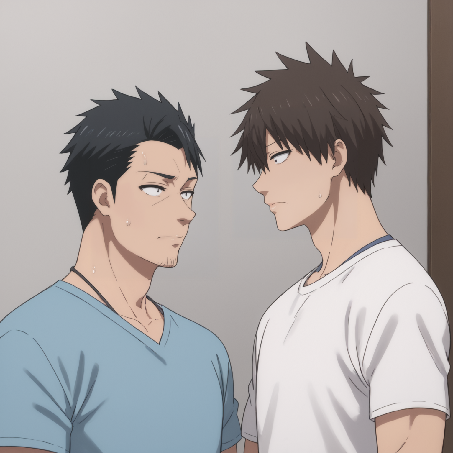 score_9,score_8_up,score_7_up,score_6_up,score_5_up,score_4_up,fujio uzaki,sakurai shin'ichi,2boys,multiple boys,male focus,shirt,sanpaku,white shirt,upper body,t-shirt,sweatdrop,blue shirt,closed mouth,<lora:shinichi_sakurai_V2-3-000010>,