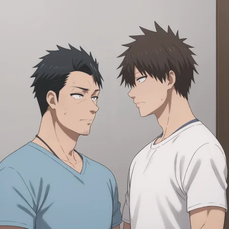 score_9,score_8_up,score_7_up,score_6_up,score_5_up,score_4_up,fujio uzaki,sakurai shin'ichi,2boys,multiple boys,male focus,shirt,sanpaku,white shirt,upper body,t-shirt,sweatdrop,blue shirt,closed mouth,<lora:shinichi_sakurai_V2-3-000010>,