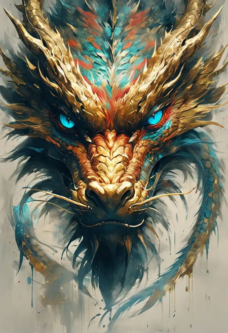 minimalism style, WLOP art style, a character worrior , facial muscles, eye light, dragon behind, cinematic foootage, fantasy, intricate details,8k post production,dark gold tone blue red white green