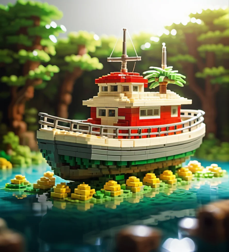 Lego pixel art,lego,boat,forest,river,water,sunlight,trees,greenery,miniature,model,toy,intricate,detailed,vibrant colors,outdoors,nature,close-up,artistic,serene,craftsmanship,tropical,nautical,adventure,creative,diorama,hobby,relaxing,scene,composition,plastic blocks,ship,<lora:å¾®ååç´ -000009:0.6>,