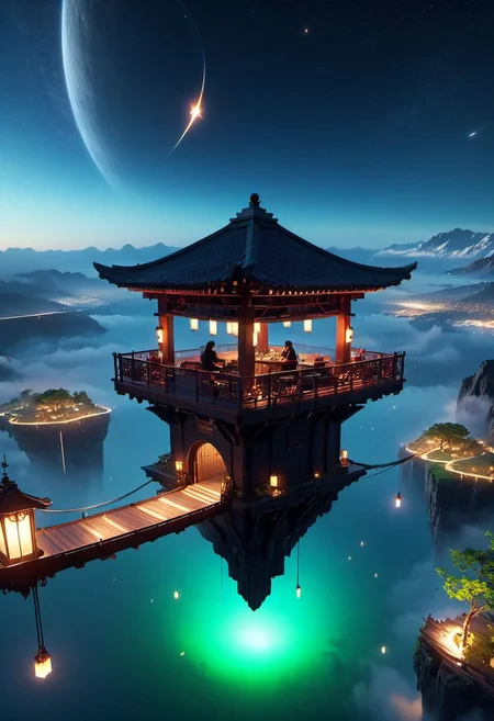 WLOP art style, unreal engine 5 style, outdoors, The island floating in the air, sky gate, human, bulding night, meteor star aurora , (low light), top-down view, firefly -ar 9:16, high saturation, high contract, gold silver