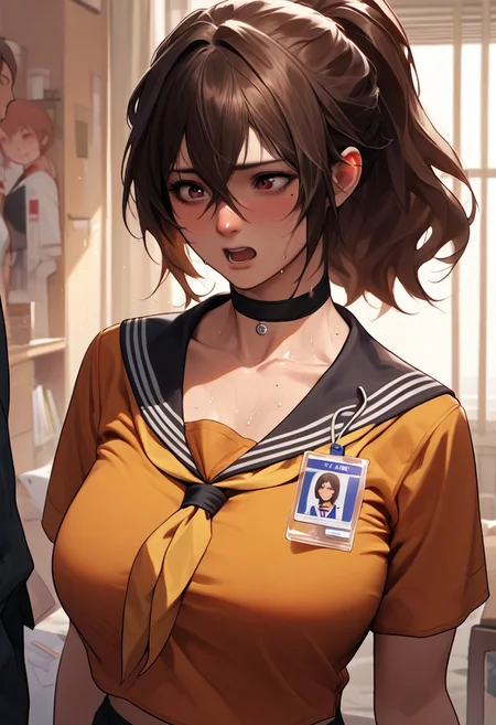 score_9, score_8_up, score_7_up, score_6_up, score_5_up, score_4_up, 
bangs, mole on breast, hair between eyes, indoors, yellow armband, choker,, short hair, open mouth, sailor collar, collarbone, brown eyes, 1girl, standing, red eyes, solo focus, id card, ponytail, black choker, arched back, brown hair, long hair, neckerchief, mole, blush, large breasts, sweat, sidelocks