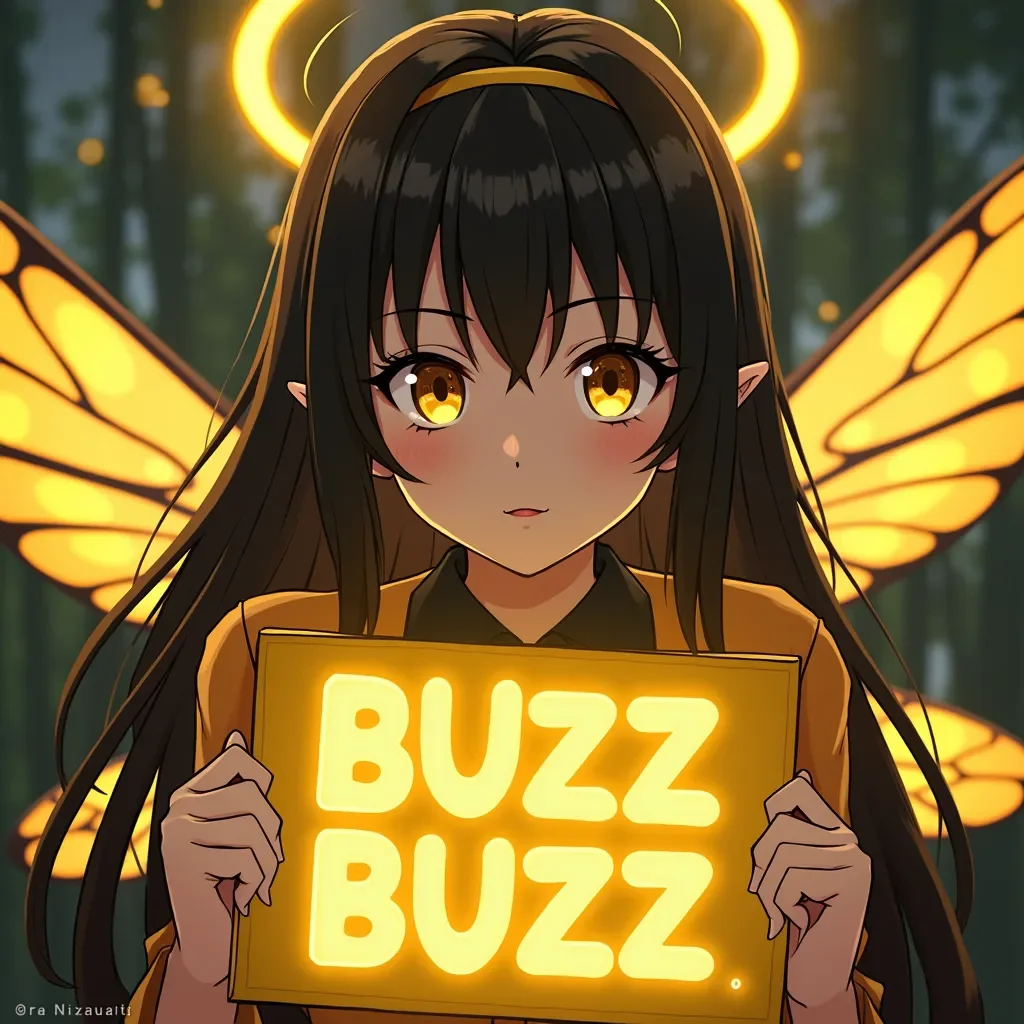 sexy anime bee girl holding a sign that says text:BUZZ BUZZ realistic textured painterly, (by misawa hiroshi:1.15), cinematic, realistic, nose, lips, (glowing yellow aura:1.1) theme, (dynamic pose:1.2), glowing yellow arms, aurel crown, 1girl, black hair, straight hair, sideways glance, staring, glowing yellow eyes, slit pupils, thick eyelashes, long eyelashes, glowing halo, winged halo, elf ears, glowing clothes, glowing eyes, black feathers, feathered wings, detailed background, glowing theme, very awa, best quality, highres, masterpiece,