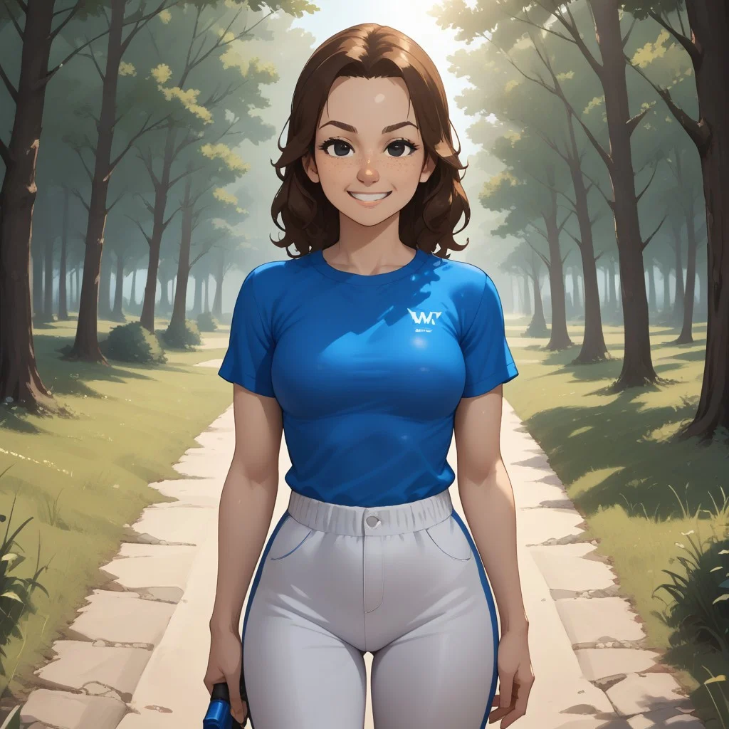 score_9, score_8, BREAK, solo, wii, mii, wii sports, 1girl, female mii, brown hair, black eyes, brown eyebrows, freckles, dark blue clothing, white pants, shoes, nintendo mii, modern_mii, classic_mii, breasts, Cali_(OC_Mii), cute, sexy pose, smile, outdoors, sunlight, shadows, evening lighting, natural lighting, forest, trees, grass, orange sky, sunset